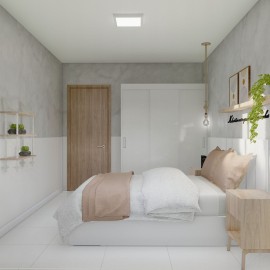 Quarto de casal escandinavo econômico com cama e mesa de cabeceira RLQTCESF67